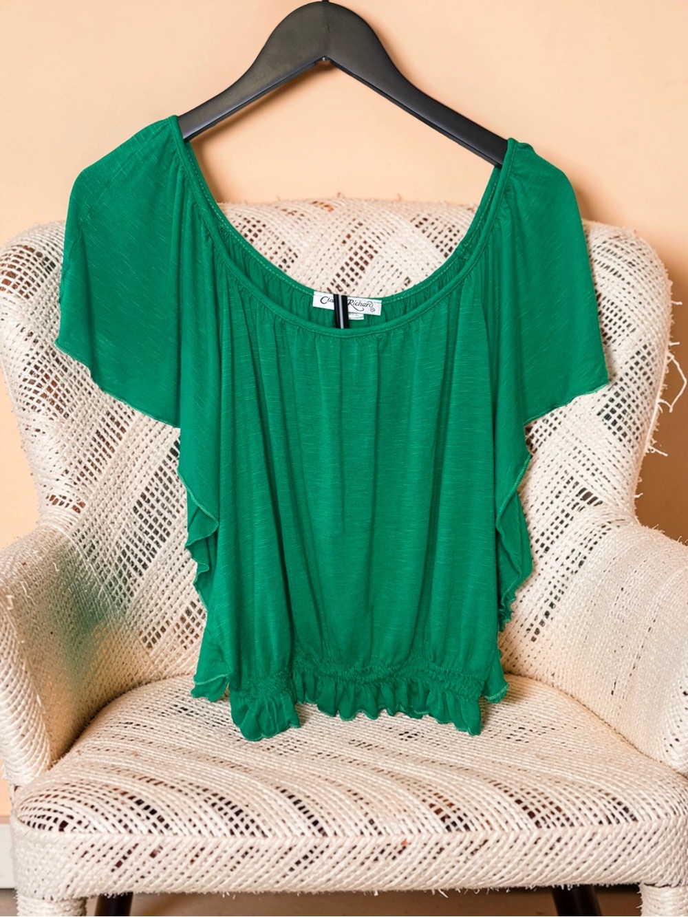 Claudia Richard Emerald Green Scoop Neck Flutter Sleeve Top